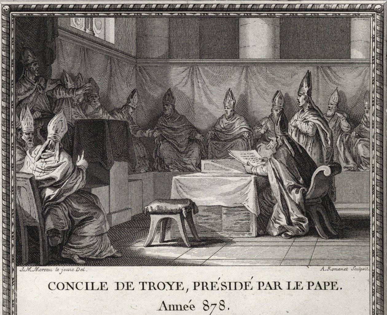 Conseil de Troyes le 7 septembre 878. En mai 878, le pape Jean VIII menacé par les Sarrasins et les nobles italiens, vint se réfugier à Arles sous le duc Boson et sa femme Ermengarde. Il l