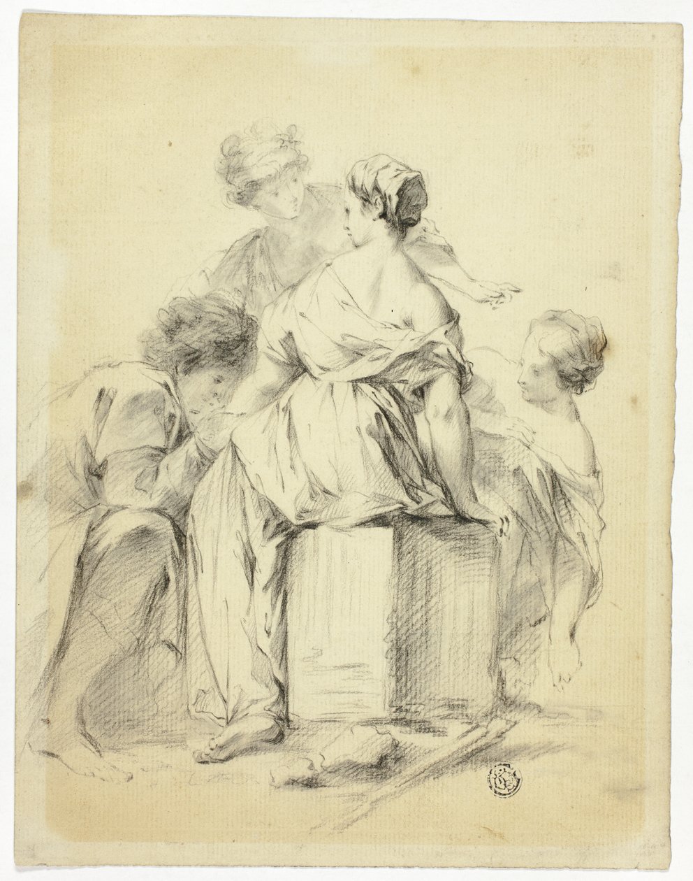 Scène de cour avec un jeune homme et trois jeunes filles - Unknown artist