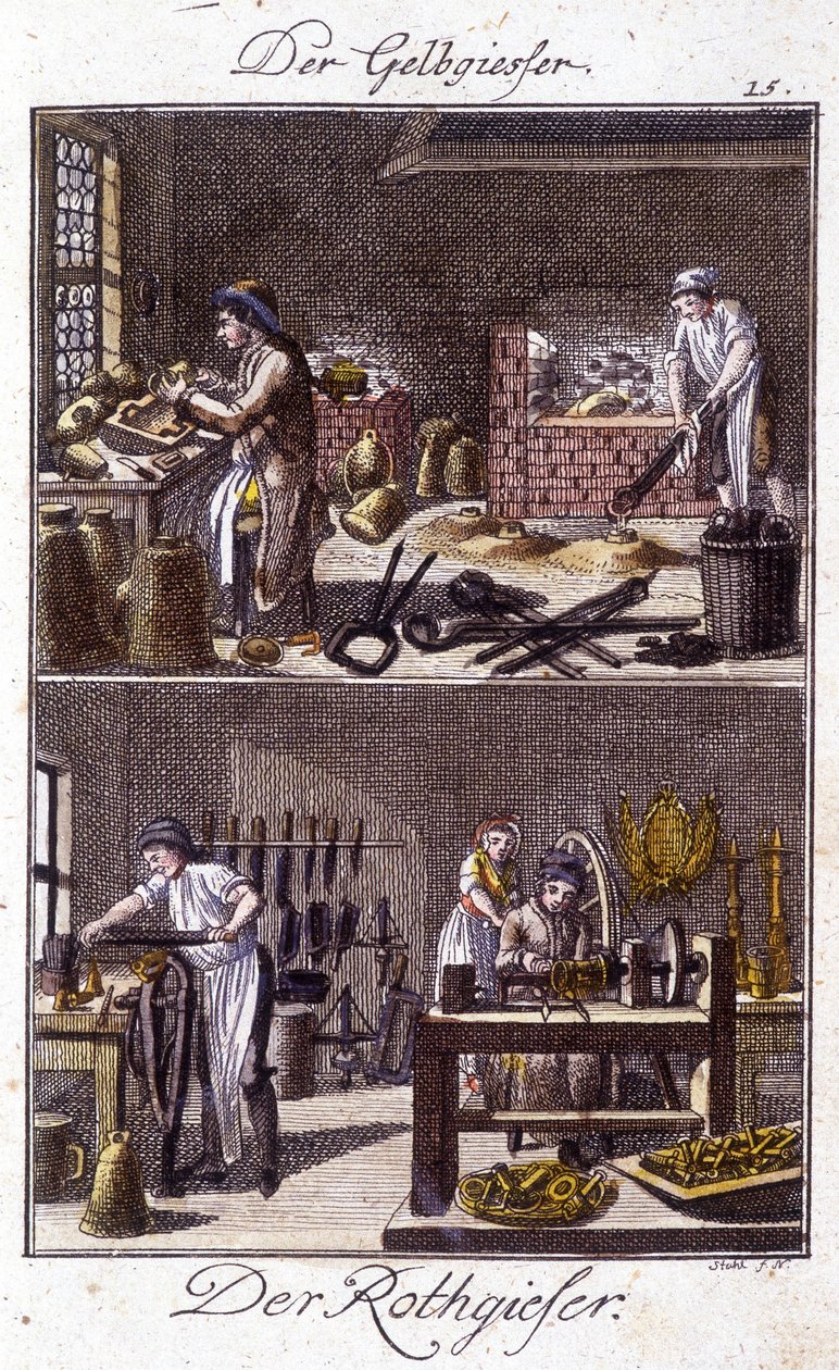 Artisanat : le fondeur de cuivre et le dinandier dans leurs ateliers. Dans « Description complète des arts et métiers et ateliers pour les jeunes » par Johan Peter Vire. Éd. Nuremberg, Weigel et Schneider - Unknown artist