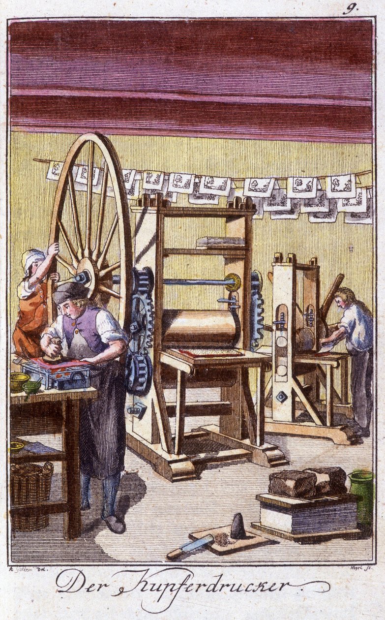 Métiers : le graveur sur cuivre dans son atelier. Dans « Description complète des arts et métiers et ateliers pour les jeunes » par Johan Peter Vire. Ed. Nuremberg, Weigel et Schneider - Unknown artist