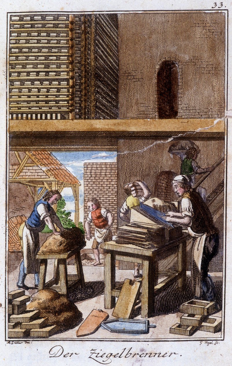 Métiers : le fabricant de tuiles ou de briques dans son atelier. Dans « Description complète des arts et métiers et ateliers pour les jeunes » par Johan Peter Vue. Ed. Nuremberg, Weigel et Schneider - Unknown artist