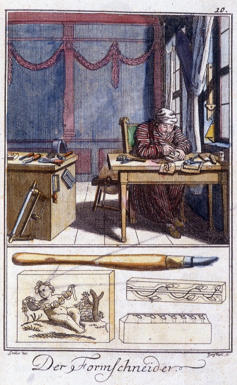 Artisanat : le graveur sur bois (et ses outils de travail) dans son atelier. Dans « Description complète des arts et métiers et ateliers pour les jeunes » par Johan Peter Vue. Éd. Nuremberg, Weigel et Schneider - Unknown artist