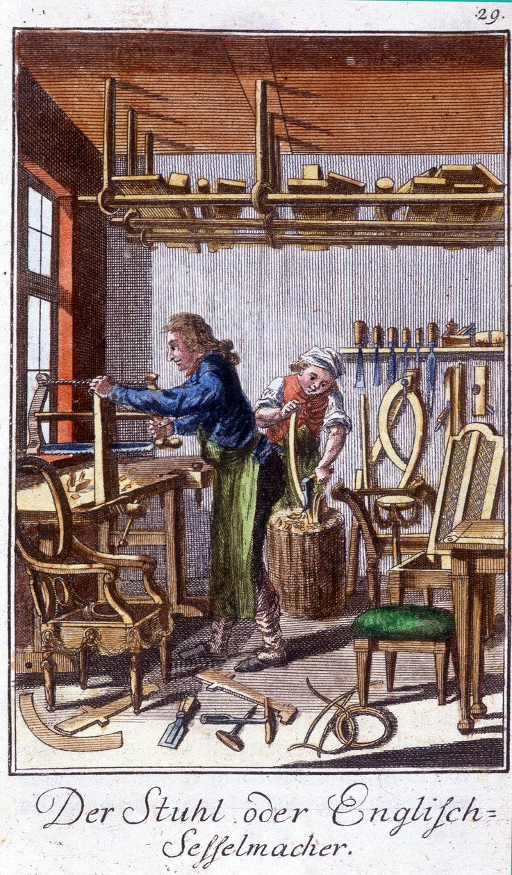 Artisanat : le fabricant de chaises dans son atelier. Dans « Description complète des arts et métiers et ateliers pour les jeunes » par Johan Peter Vue. Ed. Nuremberg, Weigel et Schneider - Unknown artist