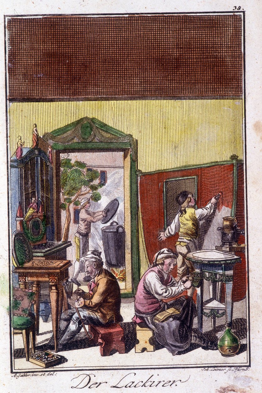 Artisanat : le vernisseur dans son atelier. Dans « Description complète des arts et métiers et ateliers pour les jeunes » de Johan Peter Vue. Ed. Nuremberg, Weigel et Schneider - Unknown artist