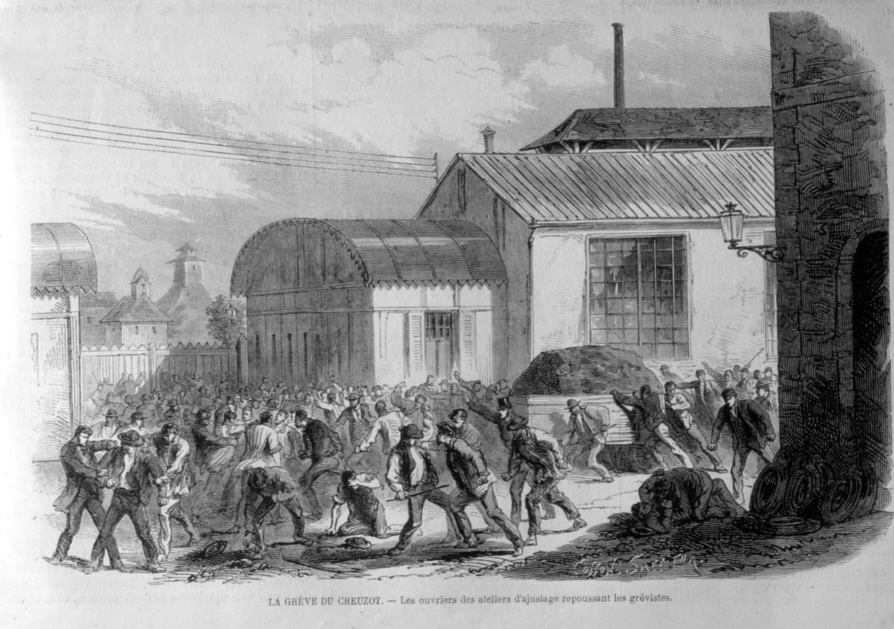 Grève du Creusot. Les ouvriers des ateliers de réglage repoussant les grévistes - Unknown artist