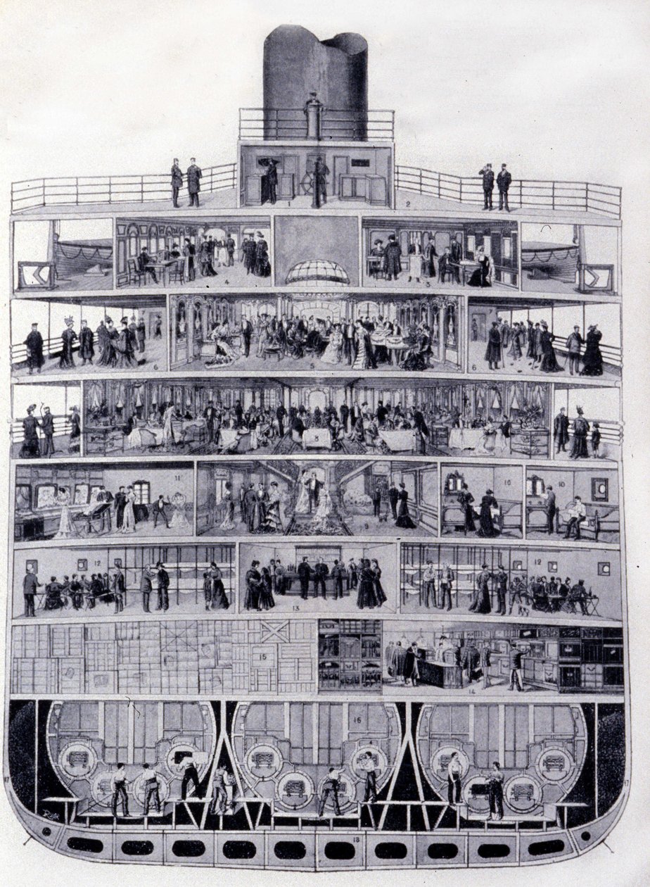 Coupe transversale du transatlantique « Provence » : du pont à la cale. Illustration du 19ème siècle. - Unknown artist