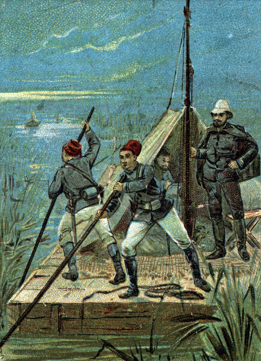 Traversée des marais de Bahr el Ghazal en Afrique par la mission Marchand en 1899. Chromolithographie Liebig du 19ème siècle - Unknown artist