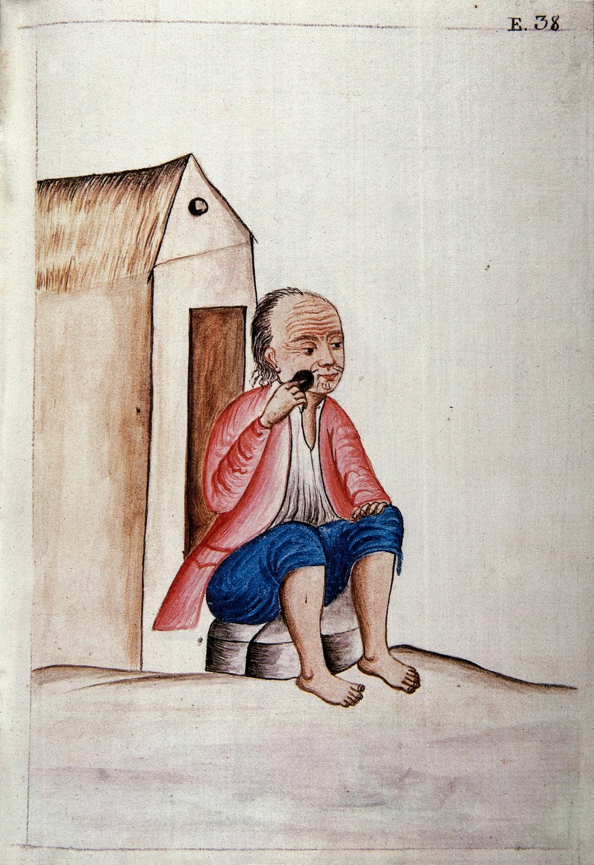 Vie quotidienne et coutumes du Pérou : "Indien se rasant la barbe sur le pas de sa porte" Aquarelle tirée du livre "Trujillo del Peru" par Baltasar Martinez Companon y Bajanda, évêque de Trujillo (1782-1785). 18e siècle, Madrid. Bibliothèque du Palais Roya - Unknown artist