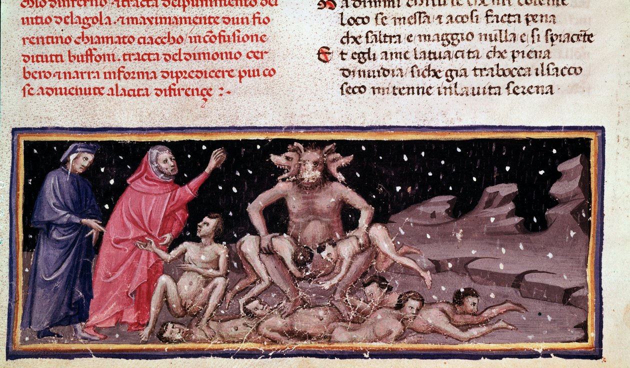 Dante et Virgile rencontrent Ciacco et Cerbère avec les gourmands (chant 9 de l