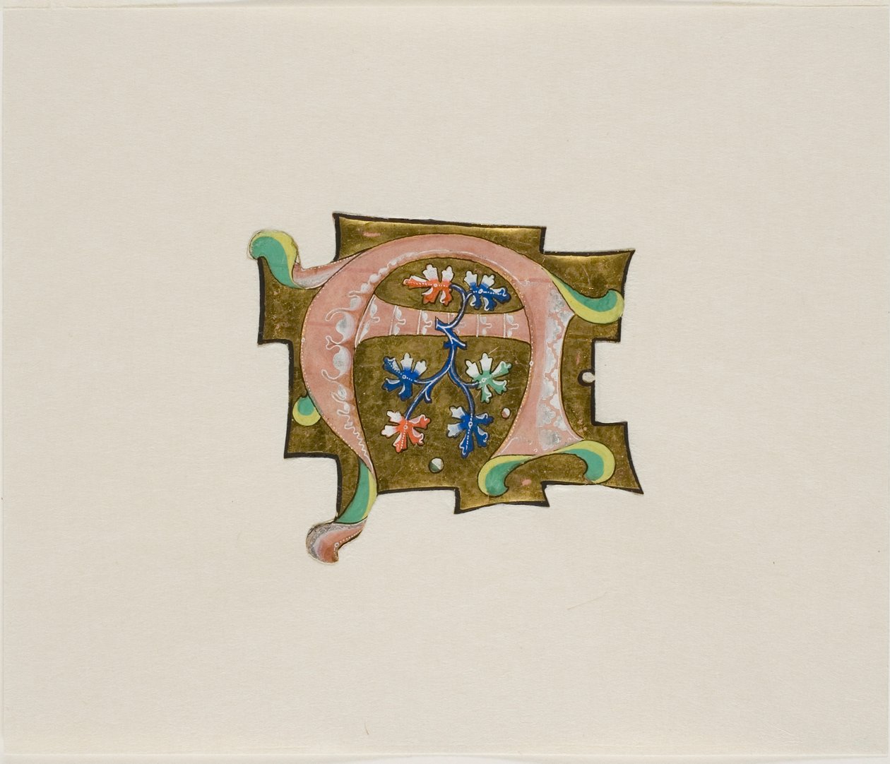 Initiale "A" décorée en rose avec six feuilles et deux boules, tirée d