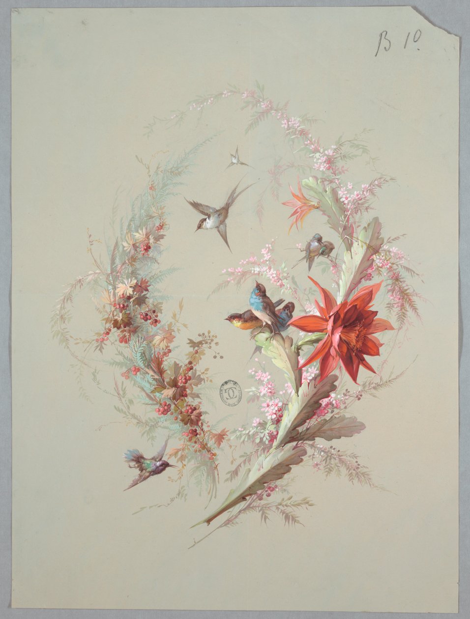 Conception pour papier peint et textile : Fleurs et oiseaux - Unknown artist