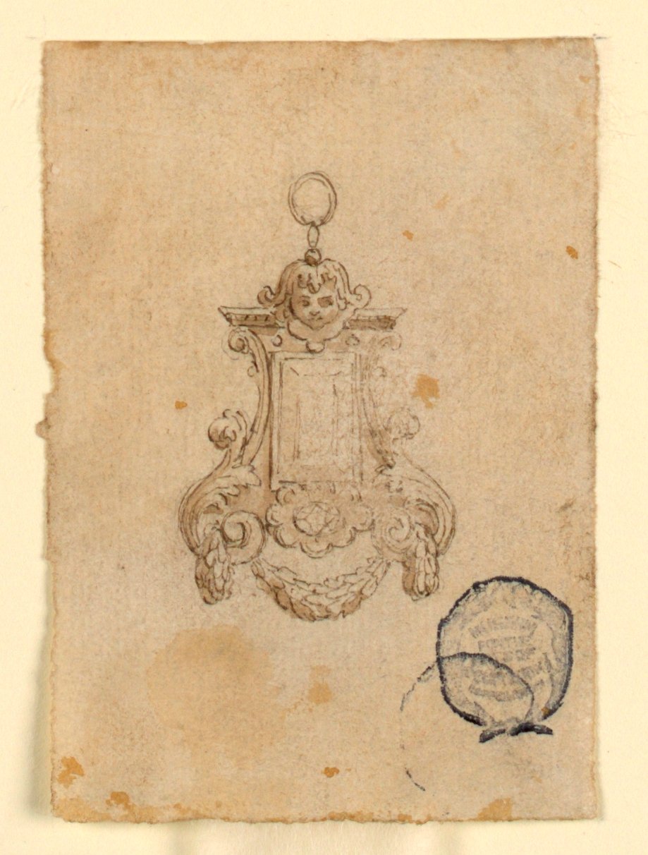 Conception pour un Pendentif avec Volutes de Feuilles et Tête d