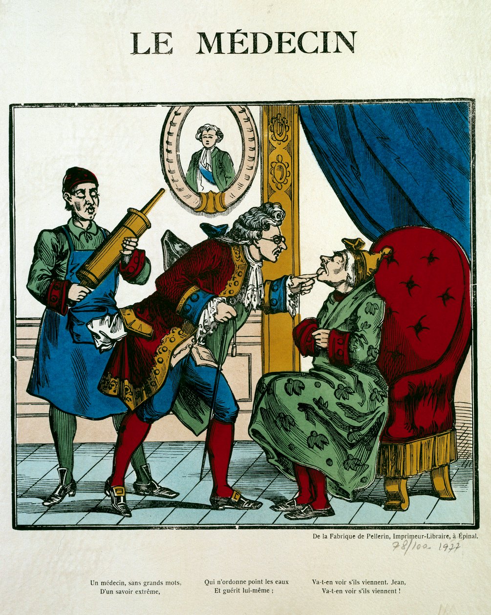 Scène de médecin représentant un docteur examinant un patient, son assistant derrière lui tenant un clystère - Unknown artist