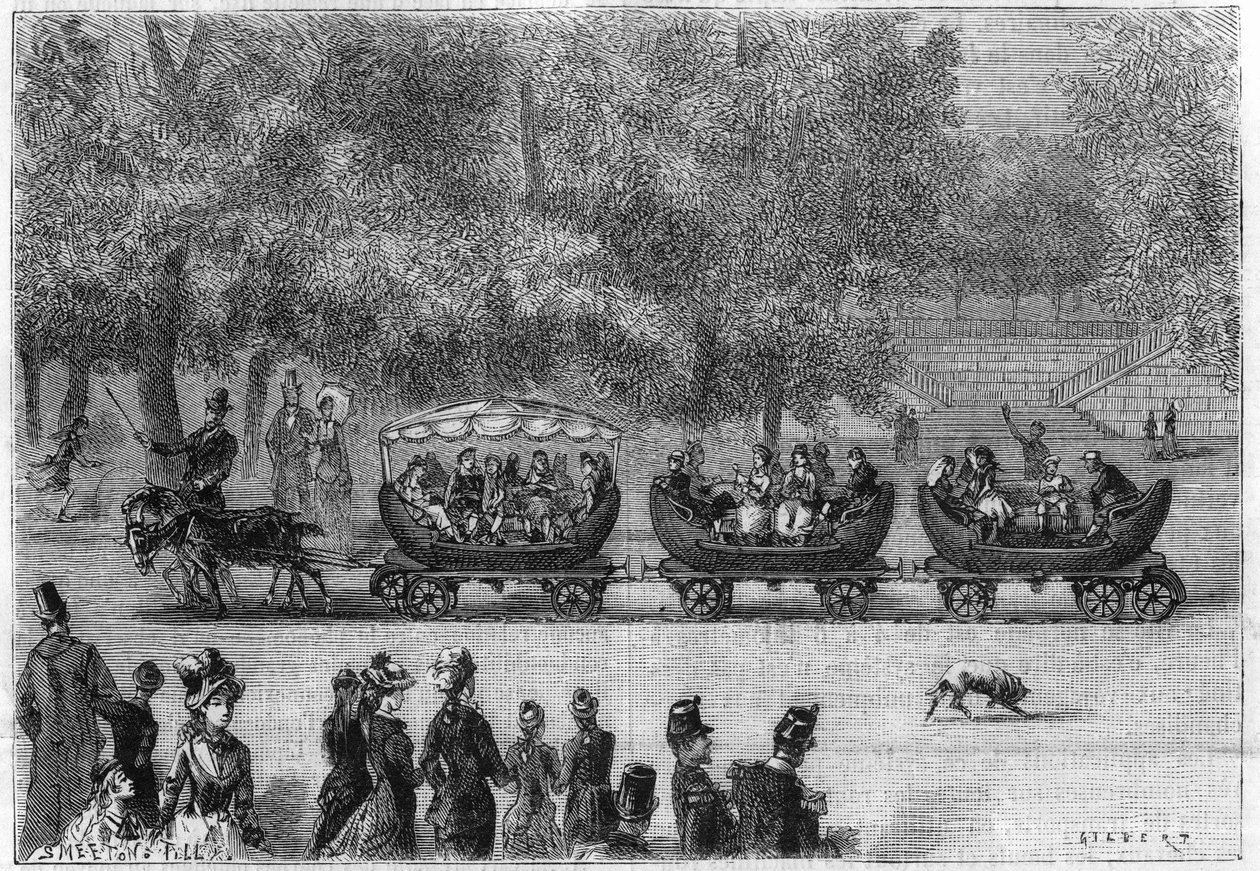 Rails sans fin adaptés à un train de voitures tiré par des chèvres dans le Jardin des Tuileries à Paris. - Unknown artist