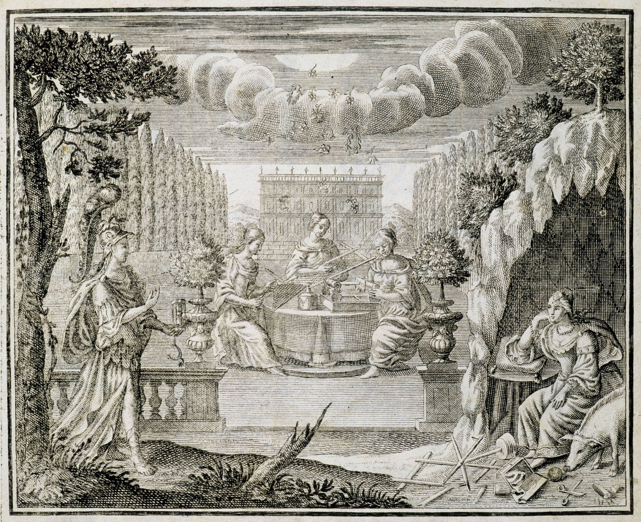 Gravure représentant des femmes travaillant sur un métier à tisser. Début du XVIIIe siècle. - Unknown artist