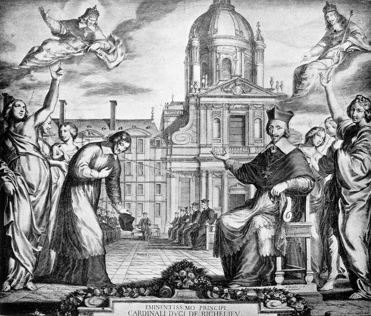 Gravure à la gloire du Cardinal Richelieu pour le rétablissement de la Sorbonne à Paris, commandée à Lemercier, achevée en 1642 - Unknown artist