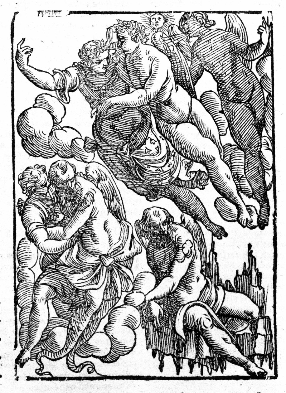 Éole (en bas à droite) et les vents. « Mythologiae sive explicationes fabularum » de Natalis Comitis. Padoue 1677. - Unknown artist
