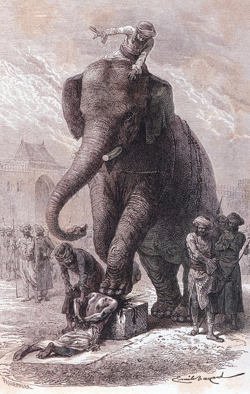 Exécution en Inde : les criminels sont exécutés : leur tête est écrasée par un éléphant conduit par son karnac, gravure 1875 - Unknown artist