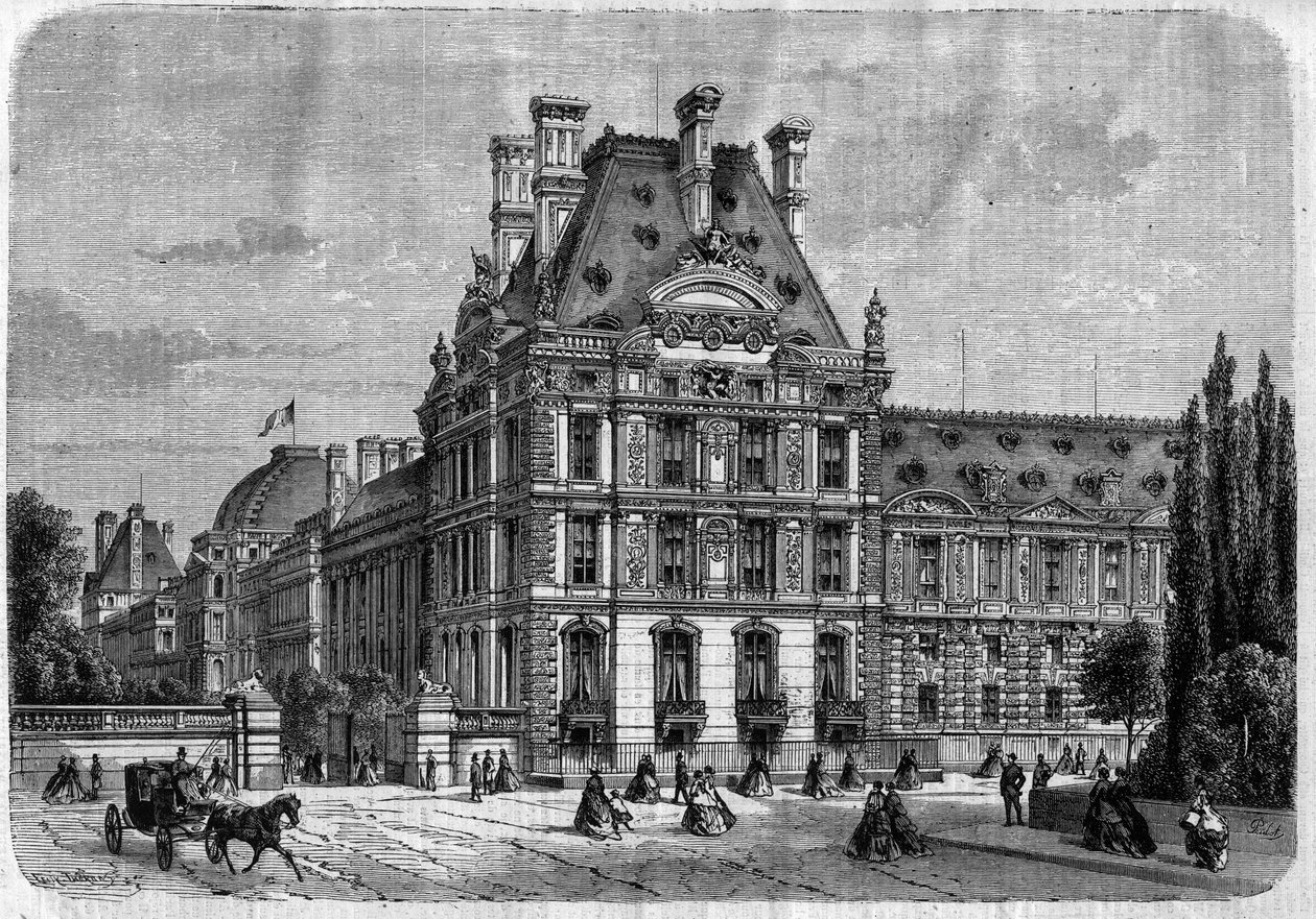 Vue extérieure du Pavillon de Flore, au Palais des Tuileries, et de la Galerie du bord de l