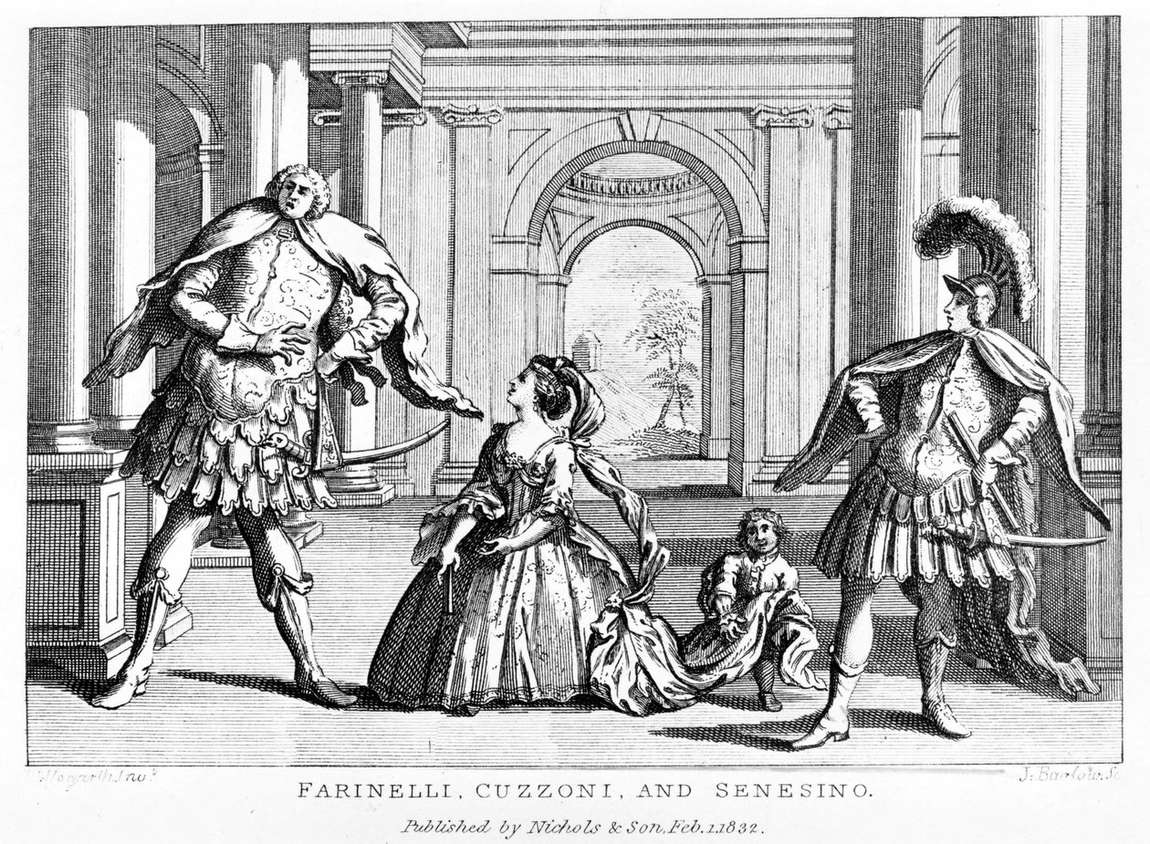 Farinelli (Carlo Broschi, dit; 1705 - 1782) avec la soprano Cuzzoni et le castrat Francesco Bernardo Senesino (1680 - 1750) dans l