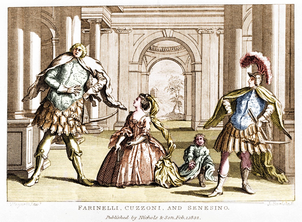 Farinelli (Carlo Broschi, dit ; 1705 - 1782) avec la soprano Cuzzoni et le castrat Francesco Bernardo Senesino (1680 - 1750) dans l