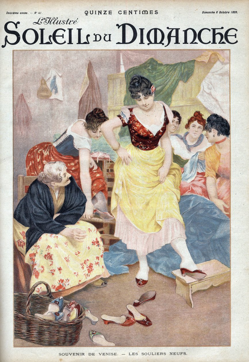 Mode fin 19ème siècle : nouvelles chaussures de Venise. Femmes essayant des chaussures de la ville italienne. Gravure dans « Le soleil-du-dimanche », 8 octobre - Unknown artist