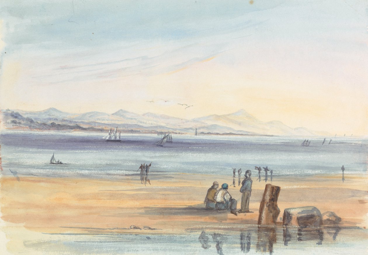 Figures sur une plage avec montagnes au loin - Unknown artist