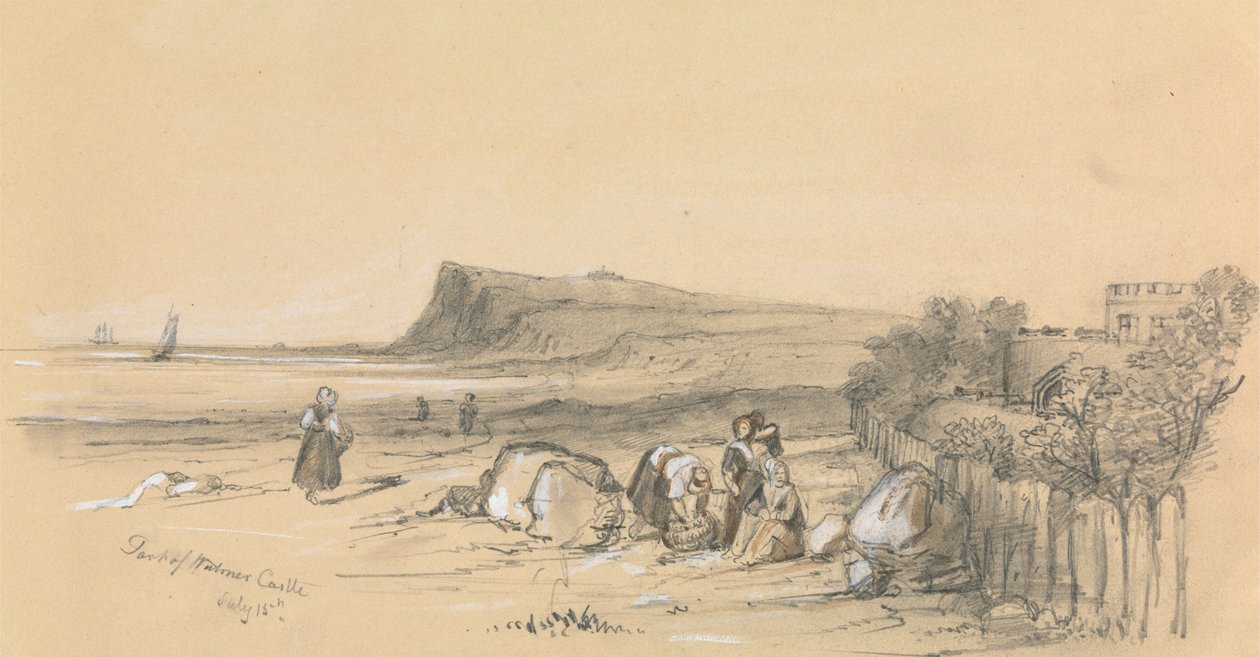 Figures sur une plage avec le château de Walmer au loin - Unknown artist
