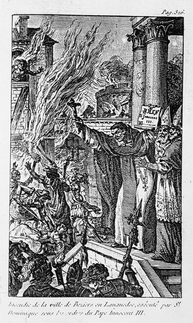 Incendie de la ville de Béziers en Languedoc, exécuté par Saint Dominique sous les ordres du pape Innocent III dans « Les Crimes de la Religion » - Unknown artist