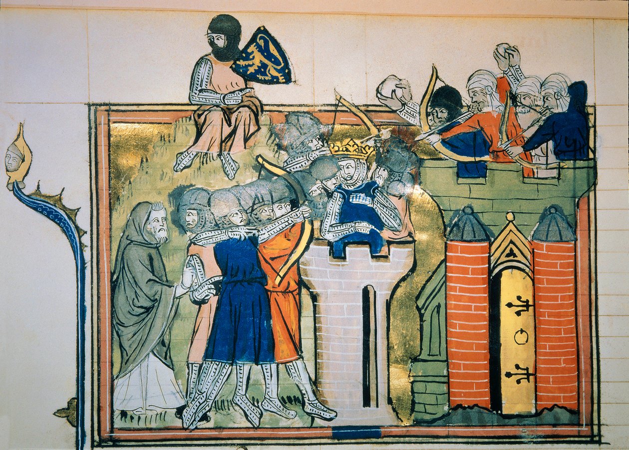 Première croisade : Godefroi (ou Godefroy) de Bouillon (1058-1100) dans une tour ronde attaqua Jérusalem en 1099. Miniature tirée de « Roman De Godefroy De Bouillon et de Saladin » - Unknown artist
