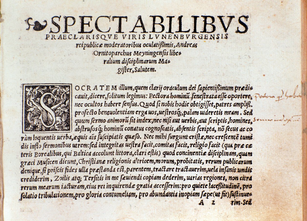 Première page de « De arte cantandi micrologus » par Andree Ornitoparchi (Andreas Ornithoparchus) 1533 Bologne, musée civique de la musique - Unknown artist