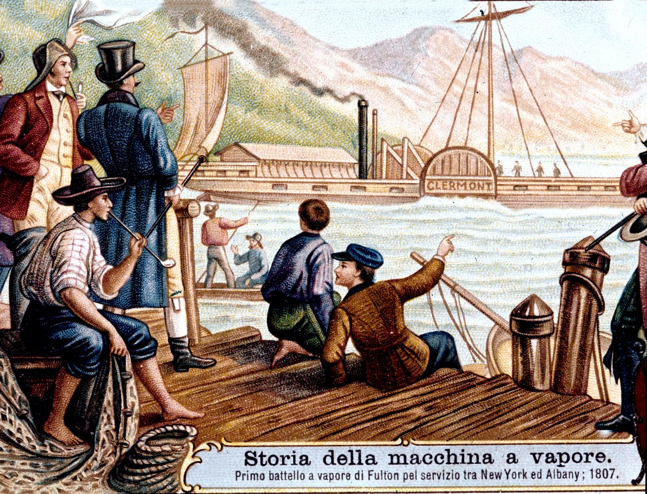 Premier voyage du bateau à vapeur « Clermont » par Robert Fulton (1765-1815), ingénieur américain sur le fleuve Hudson, USA - Unknown artist