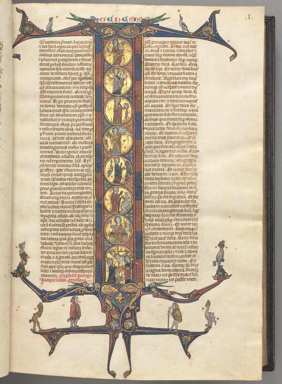 Fol. 1r, Genèse, avec une initiale I historiée en pied, montrant la Création et la Crucifixion, le tout sur fond d