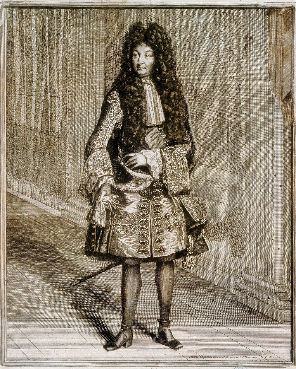 Portrait en pied du roi Louis XIV, dit le Roi Soleil (1638-1715). Gravure du XVIIIe siècle. Bibliothèque nationale de Madrid - Unknown artist