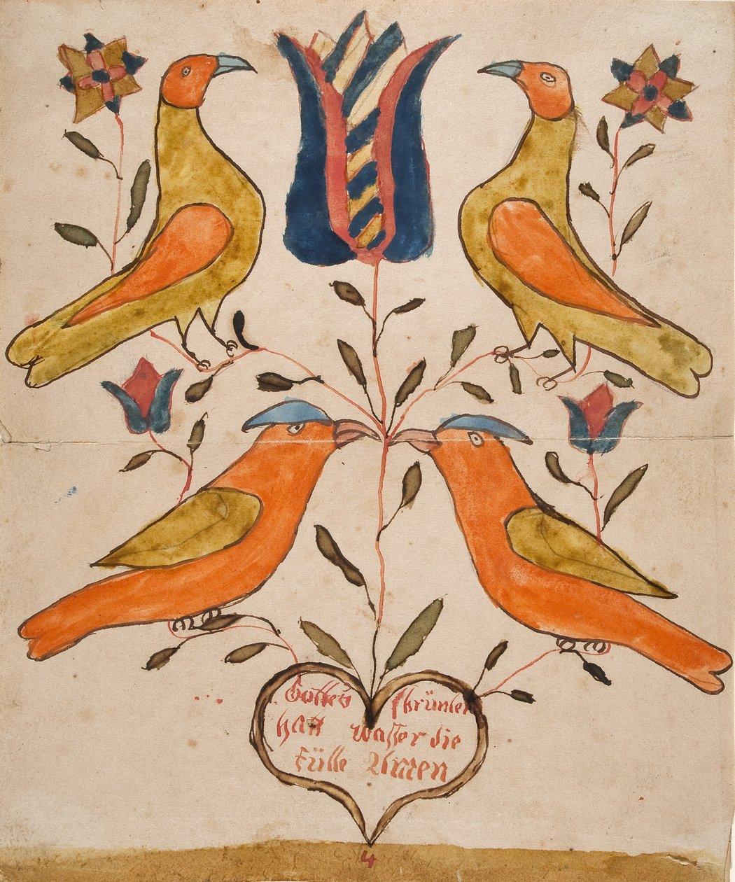 Quatre oiseaux, tulipe et cœur - Unknown artist