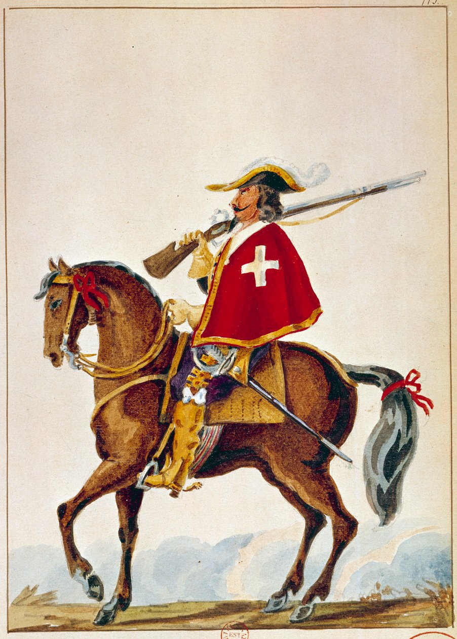 Armée française : De Valmont, mousquetaire de la garde du cardinal Richelieu. Gravure du XVIIe siècle - Unknown artist