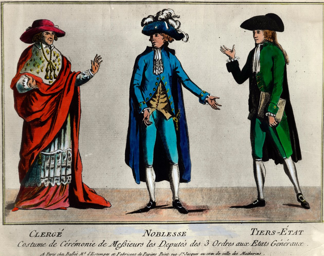 Révolution française : représentation des députés des trois ordres aux États généraux en costume cérémonial : le clergé, la noblesse et le tiers état. Estampe de la fin du XVIIIe siècle. Collection privée - Unknown artist