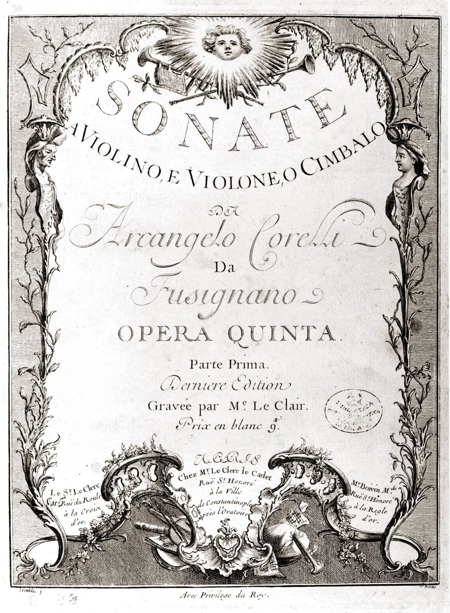 Frontispice de 12 sonates pour violon, basse et clavecin par Arcangelo Corelli (1653 - 1713). Version française - Unknown artist