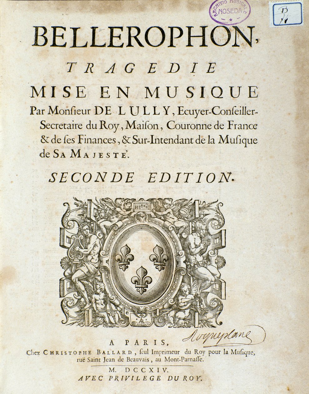 Frontispice de « Bellerophon » Tragédie lyrique en cinq actes avec un prologue de Jean Baptiste Lully (Giovanni Battista Lulli) (1632-1687). 1714. - Unknown artist