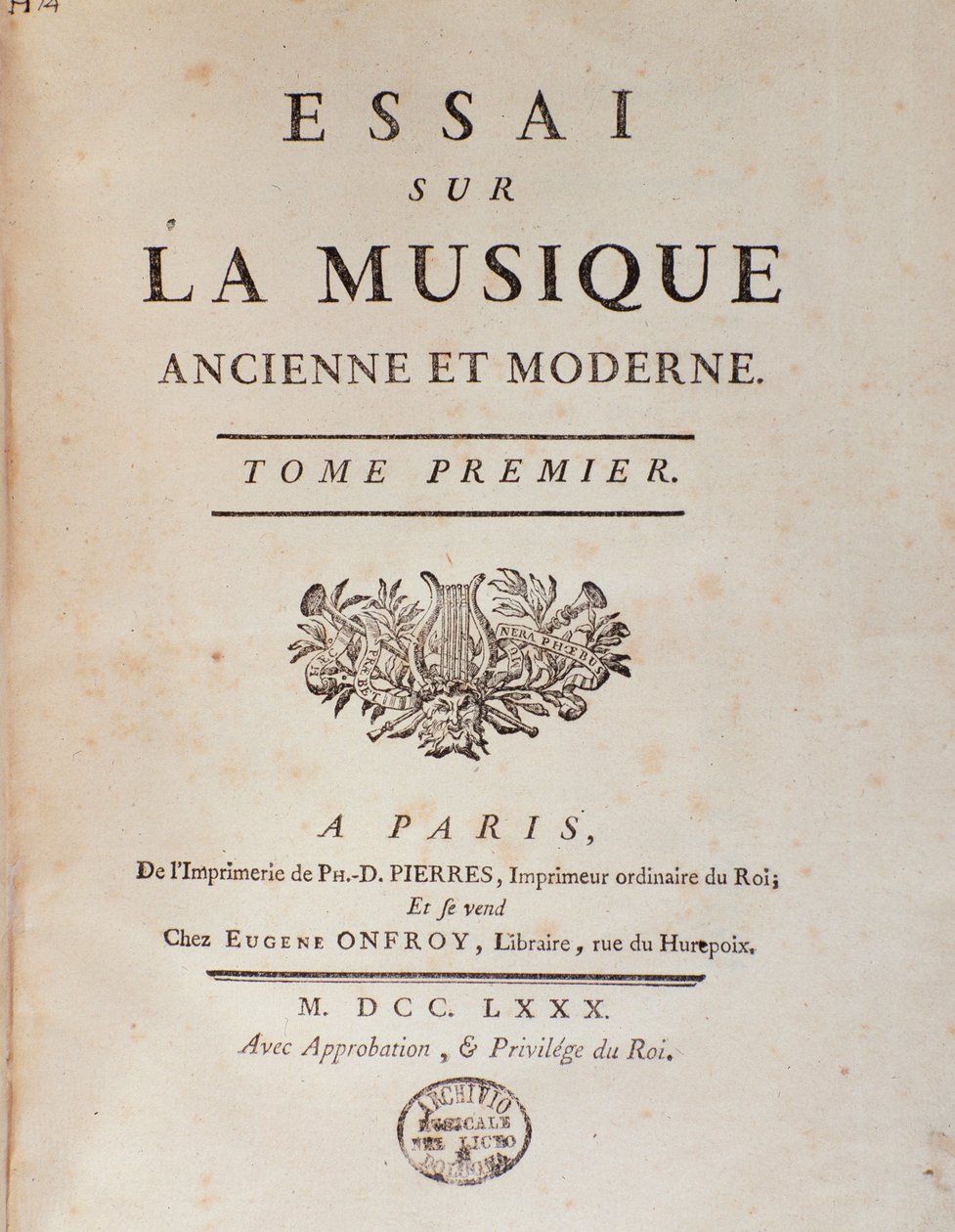 Frontispice de « Essai sur la musique ancienne et moderne » par Jean Benjamin de Laborde (Jean-Benjamin de La Borde) (1734-1794) 1780 Bologne, musée civique de la musique - Unknown artist