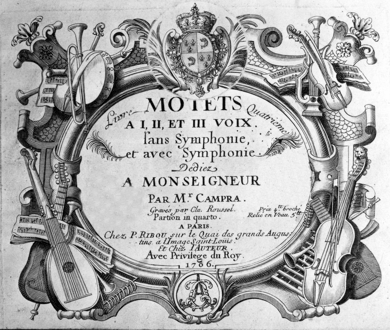 Frontispice de la partition du quatrième livre de motets par André Campra. 1706 - Unknown artist