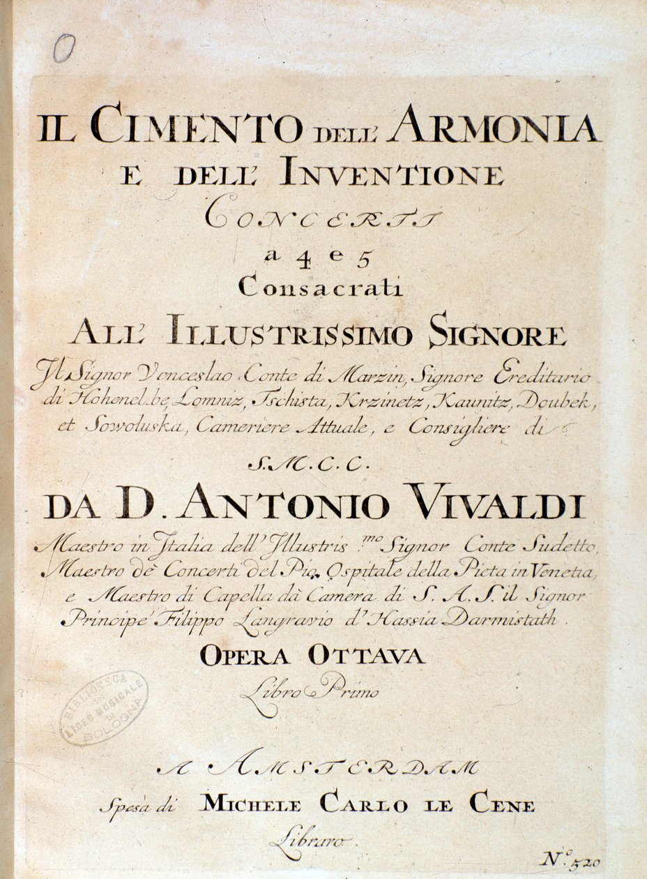 Frontispice de la partition musicale de violon en concerto V dans Il cimento dell