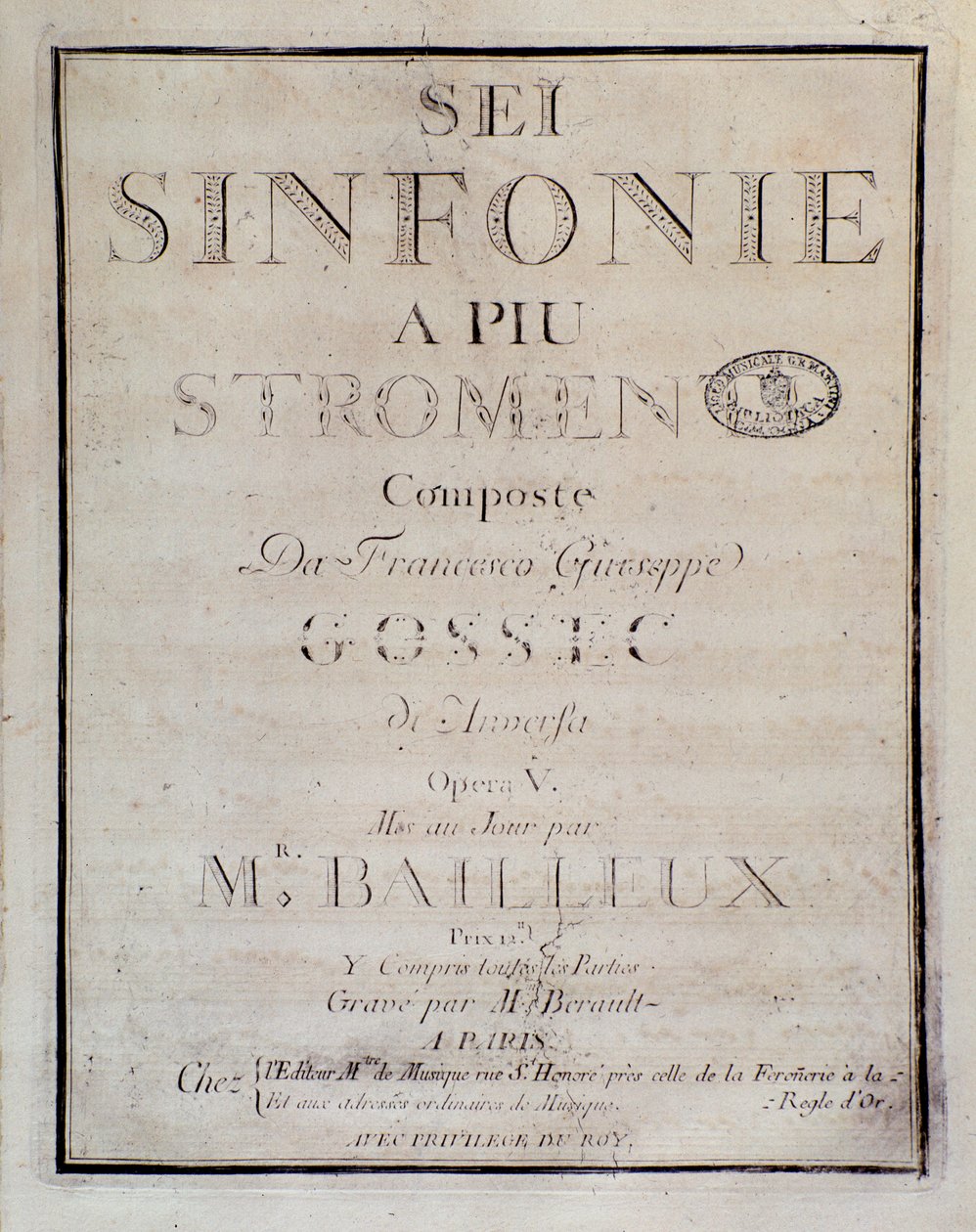 Frontispice de la partition de Sei sinfonie a piu strumenti op. 5 (première symphonie) par François Joseph Gossec - Unknown artist