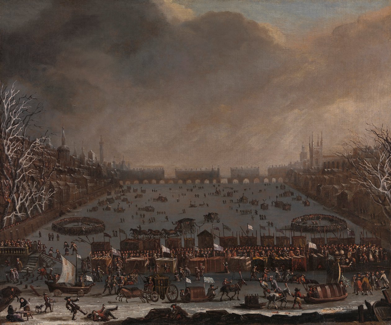 Foire sur la glace sur la Tamise, avec le vieux pont de Londres au loin - Unknown artist