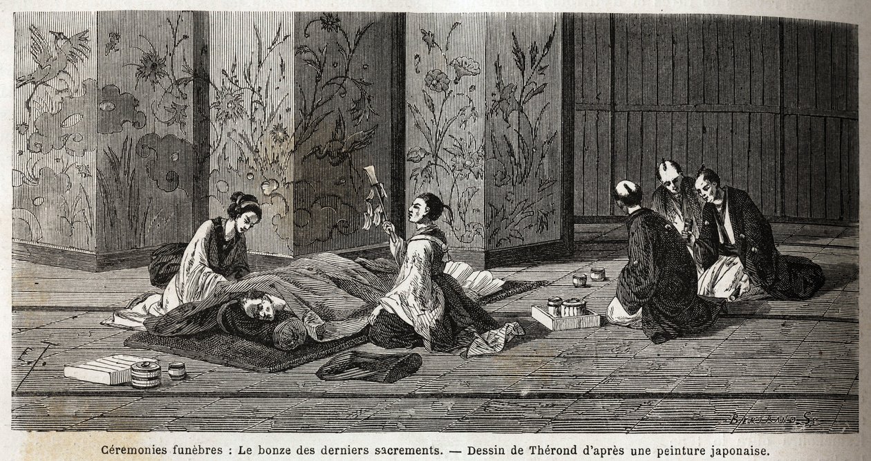 Cérémonies funéraires : le moine des derniers sacrements. Gravure pour illustrer le voyage au Japon en 1863-1864, par Aimé Humbert, ministre de la Confédération suisse, dans « Le tour du monde, nouveau journal des voyages », publié sous la direction d
