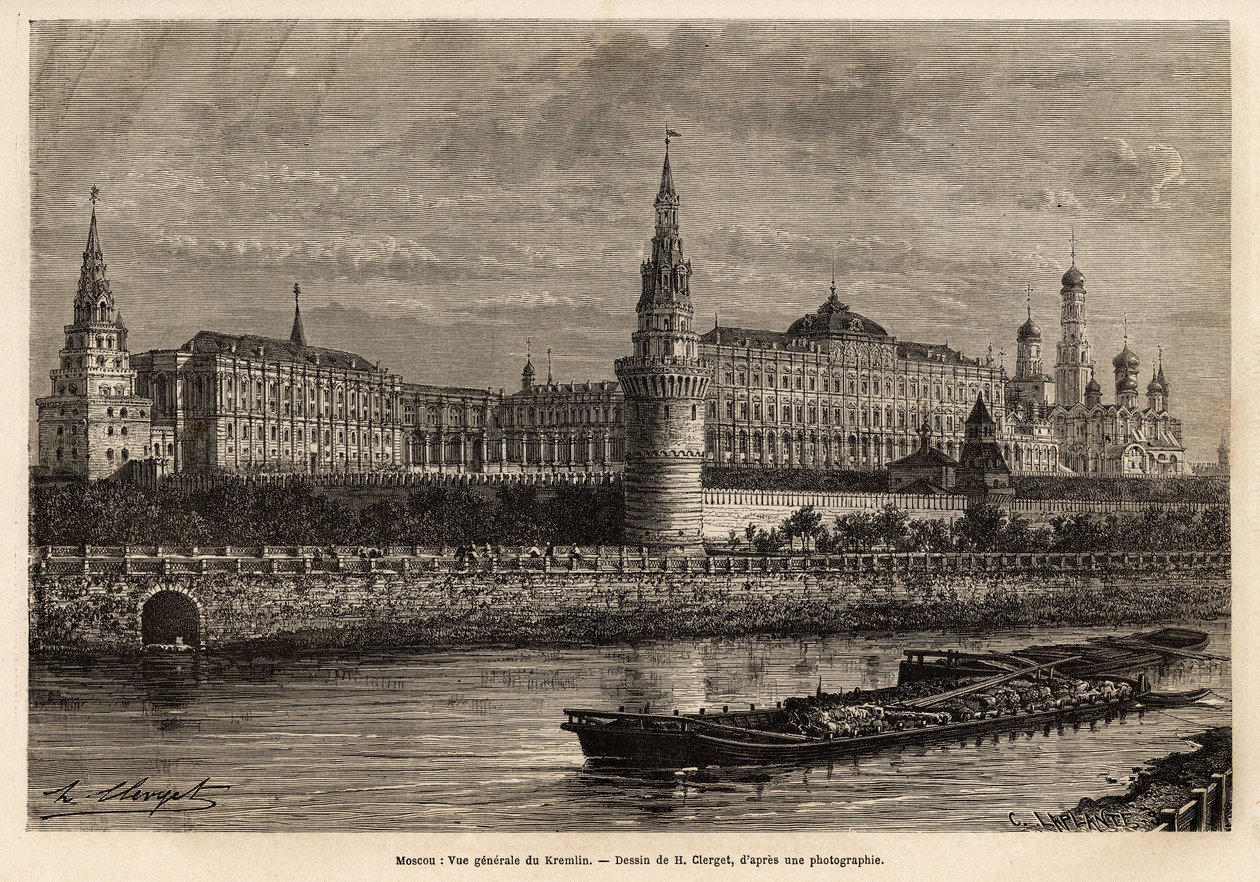 Vue générale du Kremlin, centre géographique de Moscou et centre politique de la Russie, le quartier construit au 14ème siècle a toujours été agrandi et restauré au fil des péripéties historiques du pays. Gravure pour illustrer La Russie - Unknown artist