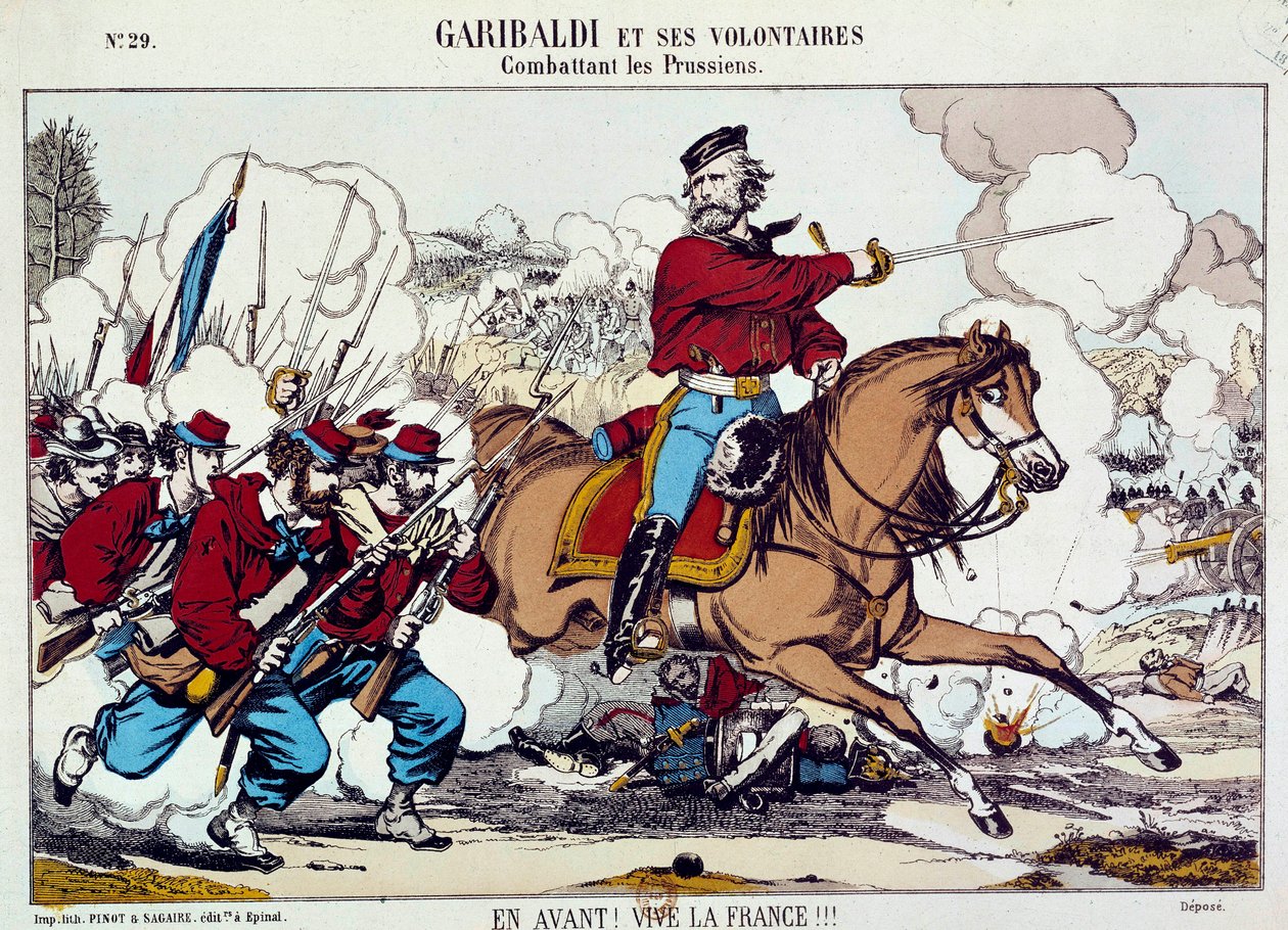 Giuseppe Garibaldi (1807-1882) combattant avec ses volontaires contre les Prussiens. « En avant, vive la France » Vers 1871. Gravure B.N. Paris - Unknown artist
