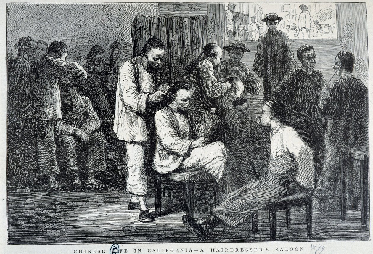 Salon de coiffure dans la communauté chinoise de Californie - gravure - Unknown artist