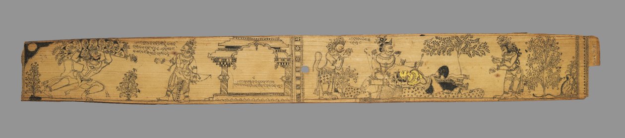 Hanuman apporte la montagne des plantes médicinales ; Rama extrait la flèche de Lakshmana tandis que Hanuman et un ours se préparent à le soigner (recto), d