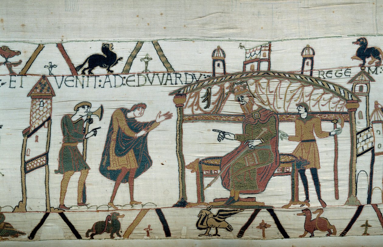 Harold, de retour en Angleterre, après son ambassade chez le duc Guillaume le Conquérant, raconte son voyage au roi Édouard le Confesseur (détail) - Unknown artist